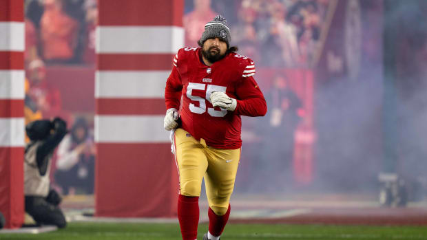 January 20, 2024; Santa Clara, CA, USA; San Francisco 49ers guard Jon Feliciano (55) before a 2024 NFC divisional round game against the Green Bay Packers at Levi's Stadium. Mandatory Credit: Kyle Terada-USA TODAY Sports  